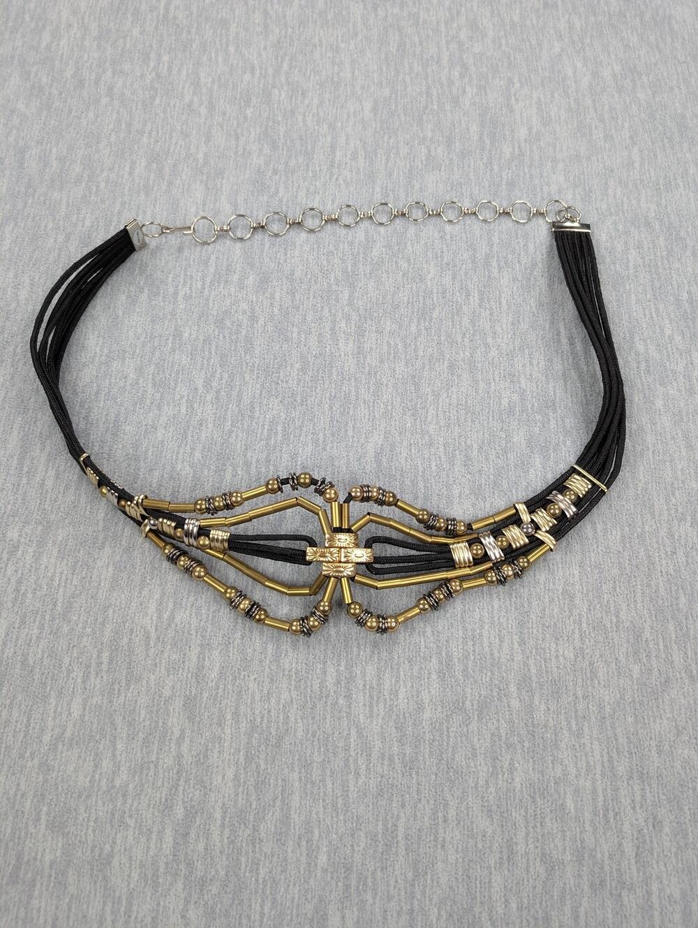 Vintage Belt Black Cord Beaded Geometric Art Deco Gold Silver Tone Western Boho